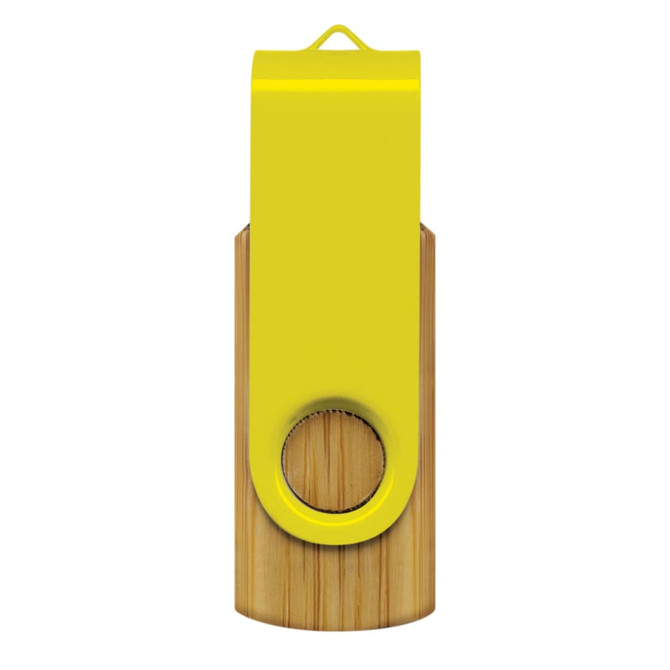 A bamboo flash drive with a bright yellow cap, featuring a circular hole for attachment.