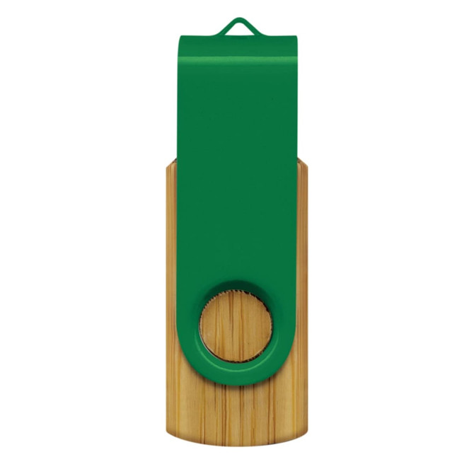 A green and bamboo flash drive featuring a swivel design. It includes a loop for attachment.