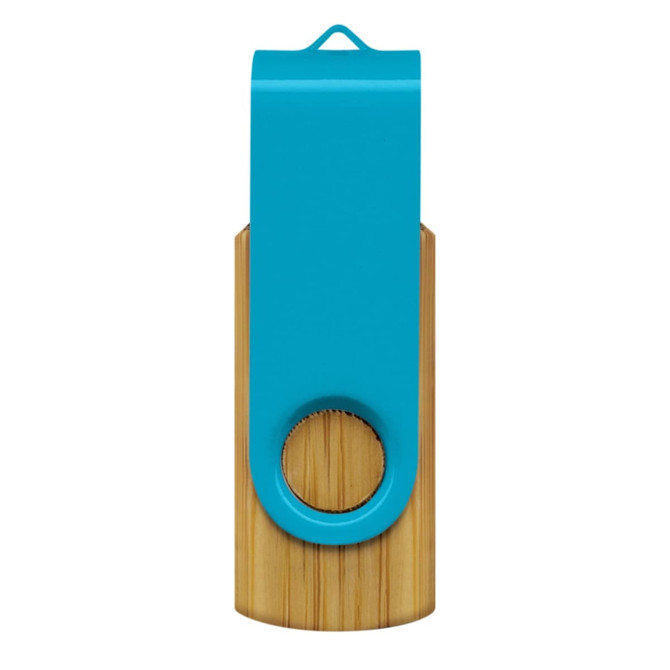 A bamboo flash drive with a turquoise top and a circular hole for attachment. It features a logo on the surface.