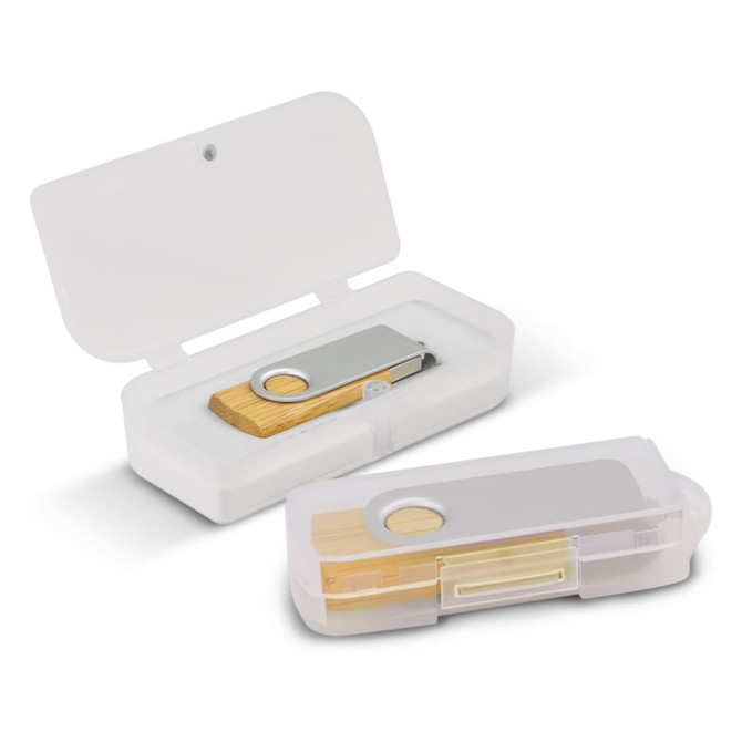 A bamboo flash drive in a clear case, featuring a silver metal end and a small logo.
