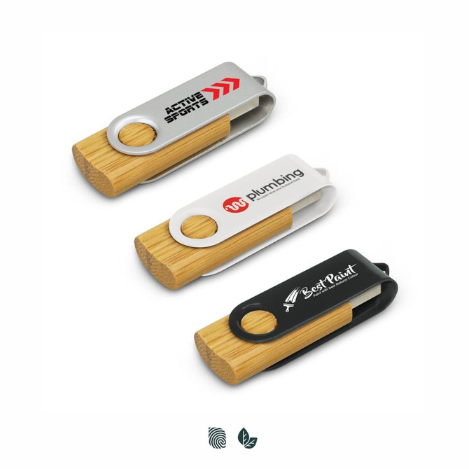 Three Helix 4GB bamboo flash drives in silver, black, and a two-tone design, each featuring a logo.
