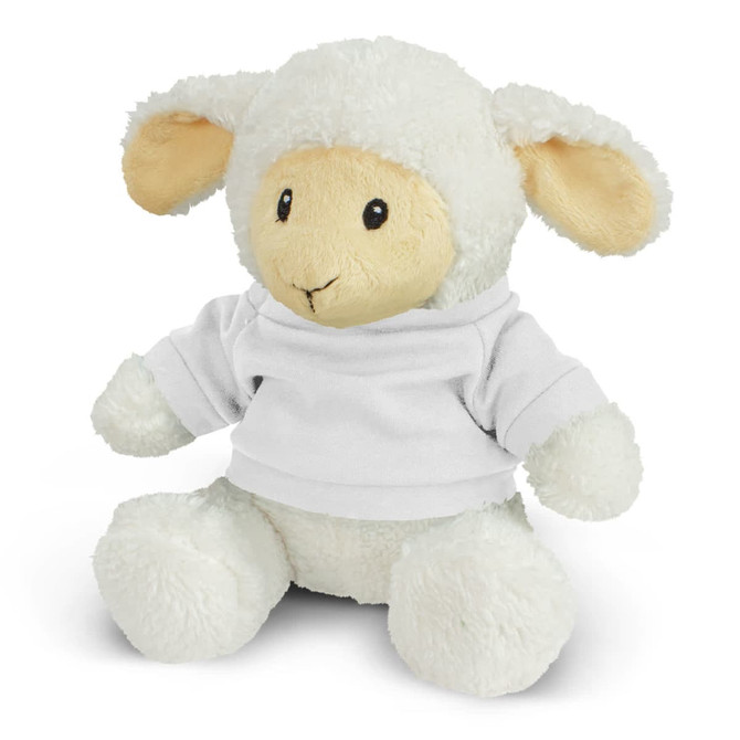 A plush lamb toy with a fluffy white body and soft beige ears, dressed in a white shirt.