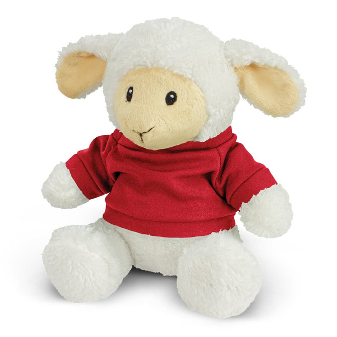 A fluffy white lamb plush toy wearing a red hoodie, featuring soft ears and a warm expression.