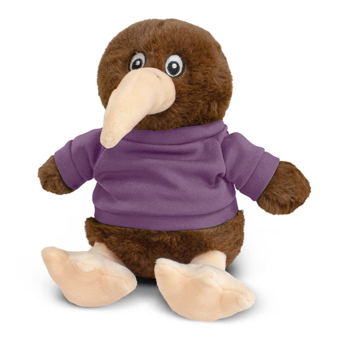A brown kiwi plush toy wearing a purple shirt with beige feet and beak, featuring large black eyes.