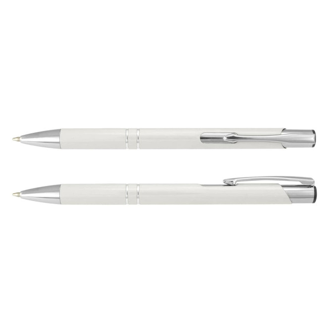 A white metal pen with silver accents, displayed from two angles. The pen features a logo.