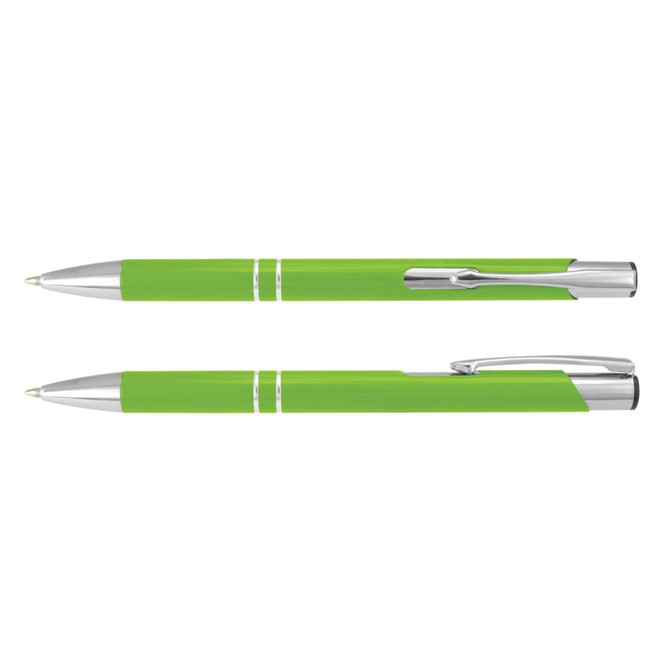 A metal pen in vibrant green with silver accents, featuring a sleek design and a clip for easy carrying.