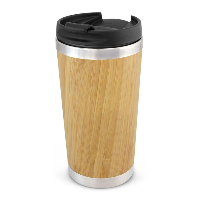A drink bottle with a bamboo exterior and stainless steel base, featuring a black lid.