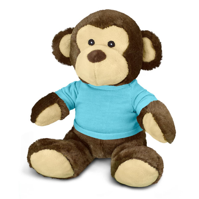 A plush monkey toy featuring a brown body and a light blue shirt, with a friendly expression and soft texture.