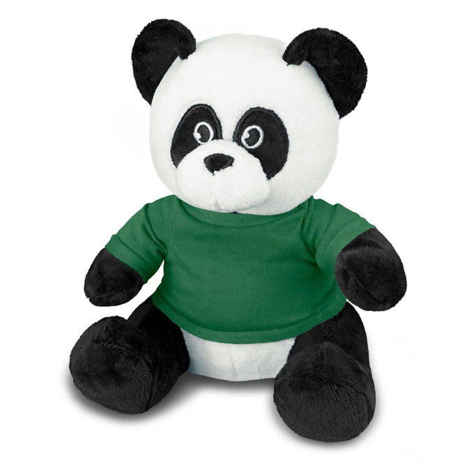 A plush panda toy with black and white fur, wearing a green shirt, featuring a simple logo on the shirt.