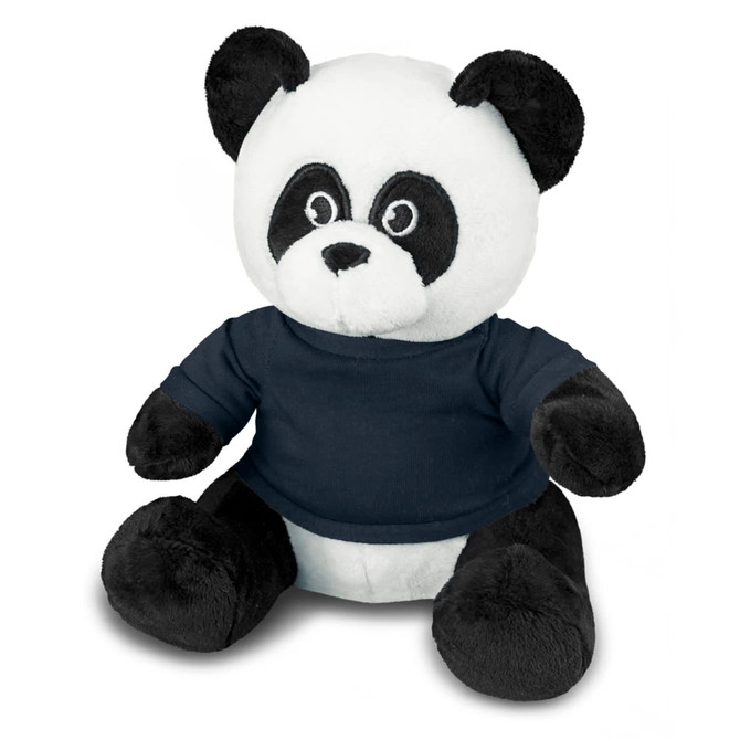 A plush panda toy featuring black and white fur, wearing a navy blue shirt, with a logo on the shirt.