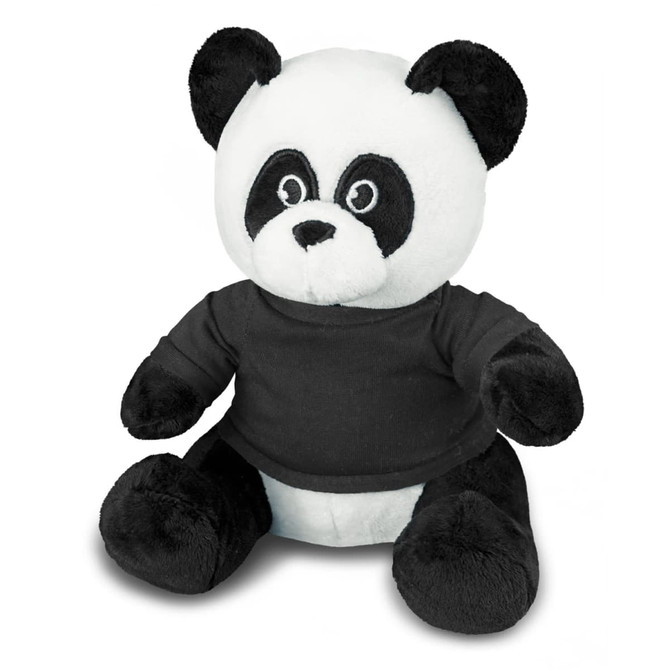 A plush toy panda with black and white fur, wearing a black shirt, sitting upright. It has a friendly expression.