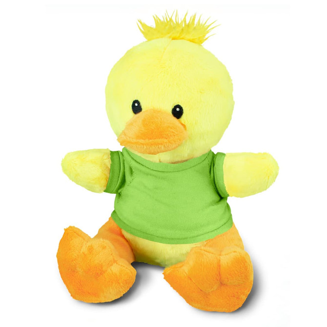 A yellow duck plush toy with an orange beak and feet, wearing a green shirt. Features a fluffy tuft on its head.