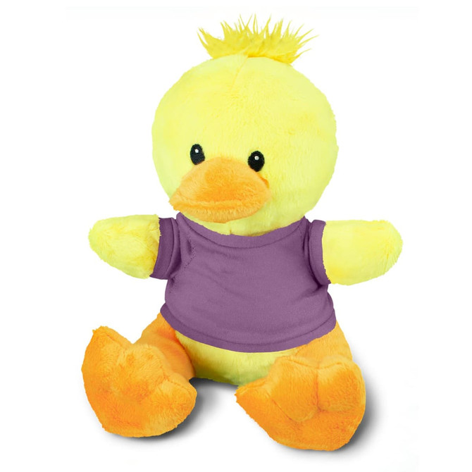 A yellow duck plush toy with an orange beak and feet, wearing a purple T-shirt. It has a fluffy tuft on its head.