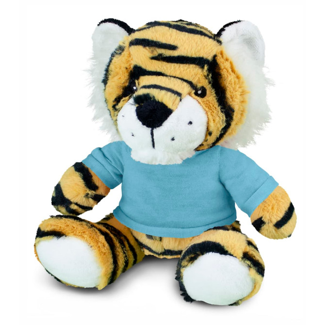 A plush toy tiger with orange and black stripes, wearing a blue shirt. It has soft fur and a friendly expression.