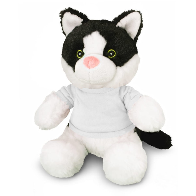 A black and white cat plush toy with green eyes and a white T-shirt. It has a cute, soft design and visible branding.