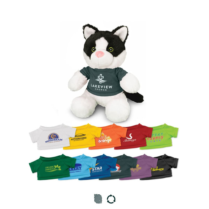A black and white cat plush toy wearing a shirt with a logo, alongside various shirts in different colours below.