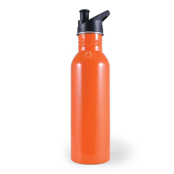 A drink bottle in vibrant orange, featuring a black spout and lid, with a logo on the side.