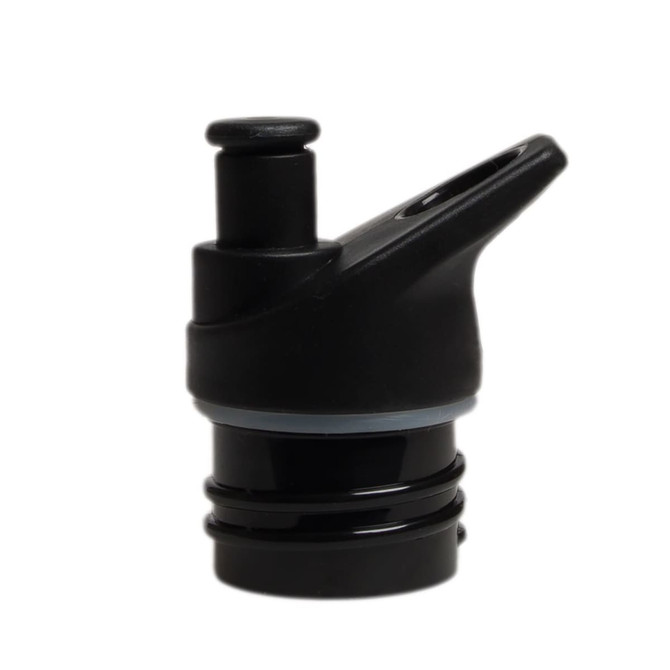 A drink bottle cap in black with a spout and a silicone seal, designed for easy pouring and sipping.