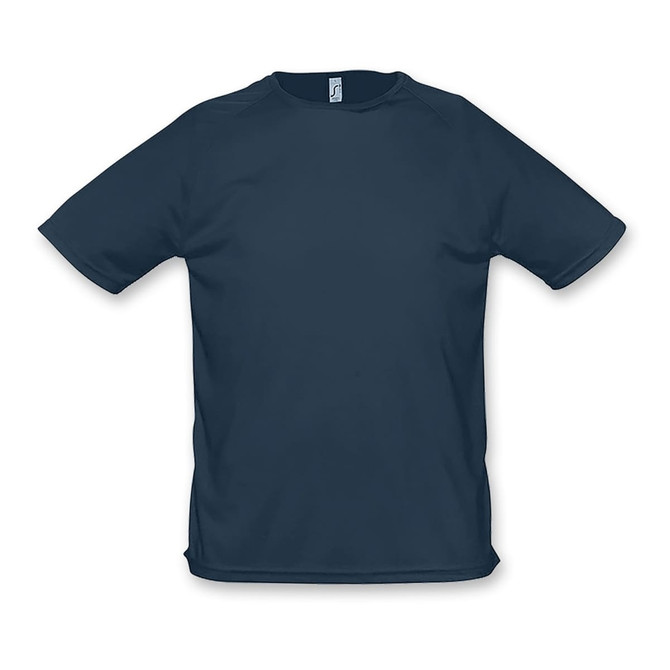 A navy blue sporty men's T-shirt with short sleeves and a logo on the chest.