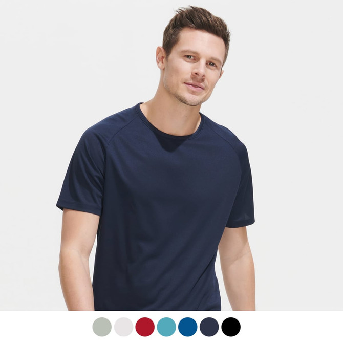 A navy blue sporty men's T-shirt featuring a crew neck and short sleeves. The product has a logo.
