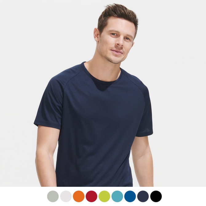 A sporty men's T-shirt in navy, featuring a branding logo, available in multiple colours below.