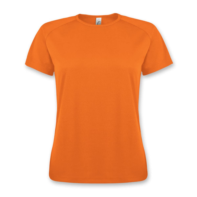 An orange sporty women's t-shirt with a crew neckline and short sleeves, featuring a logo.
