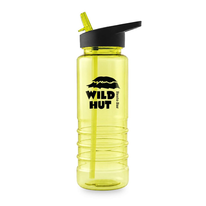A drink bottle in a translucent yellow colour with a black lid and a built-in straw, featuring a logo.