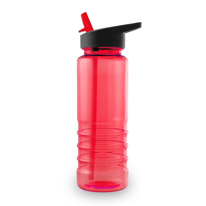 A drink bottle in vibrant red with a black lid and straw, featuring a textured grip for easy handling.