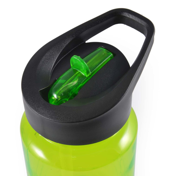 A drink bottle featuring a bright green body with a black lid and a transparent green spout. It has a logo on the lid.