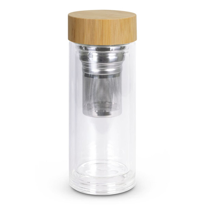 A drink bottle made of clear glass with a bamboo lid and a metal tea infuser inside.