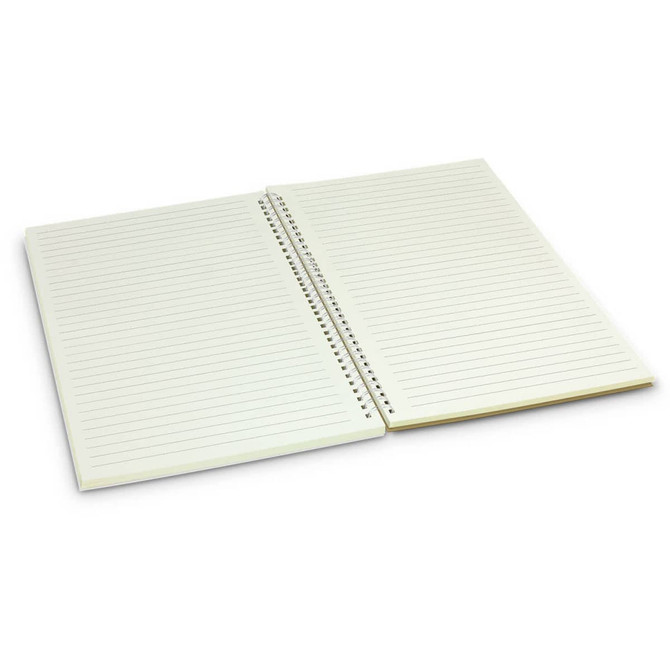 A medium-sized notebook featuring lined pages and a spiral binding, presented in a pale colour.