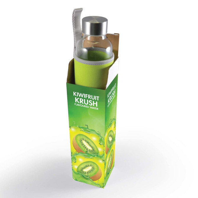 A drink bottle with a clear glass body and silver lid, encased in a green neoprene sleeve, in a colourful packaging.