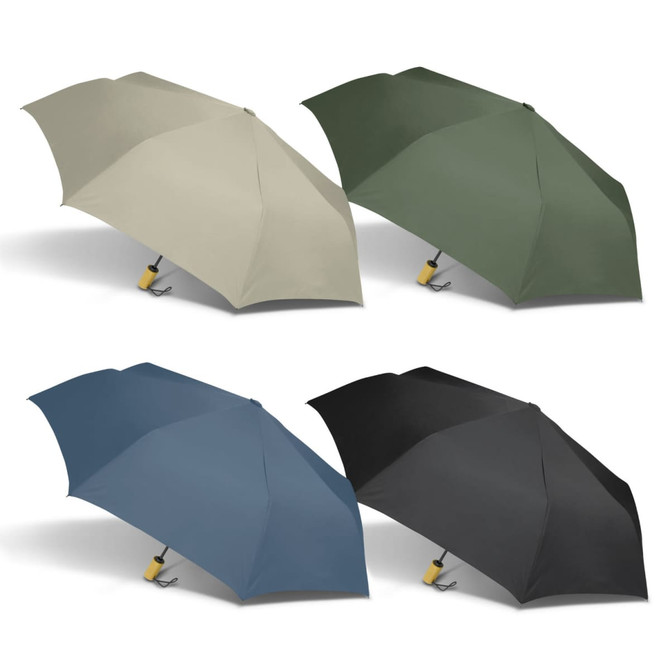 A compact umbrella set featuring four colours: beige, green, blue, and black, each with a logo.