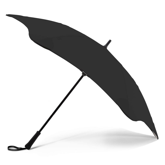 A black umbrella with a curved design and a straight handle, featuring a logo on the shaft.