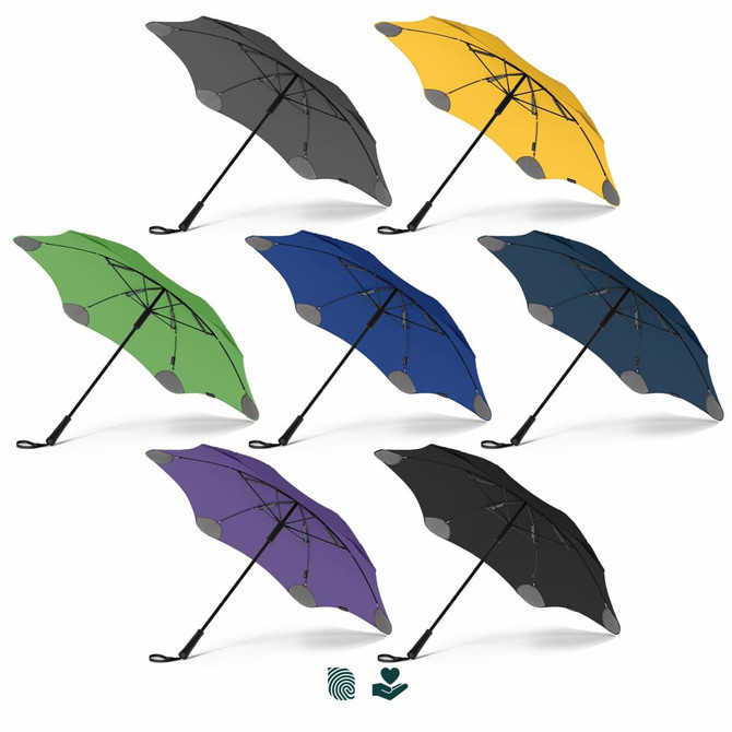 A collection of BLUNT Classic Umbrellas in yellow, green, blue, navy, black, grey, and purple, each with a branded logo.