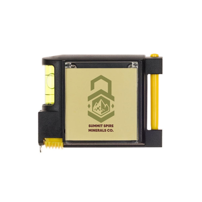 A black tape measure with a yellow measuring tape, a level, and a logo on one side.