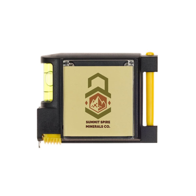 A black contractor tape measure with a yellow measuring tape and a spirit level. It features a logo on its front.