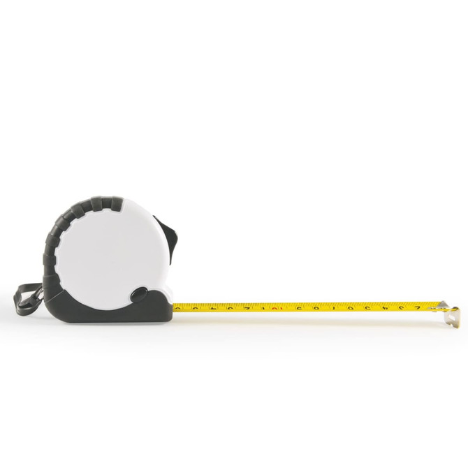 A 5m retractable tape measure with a black and white casing and a yellow measuring tape. Features a logo.