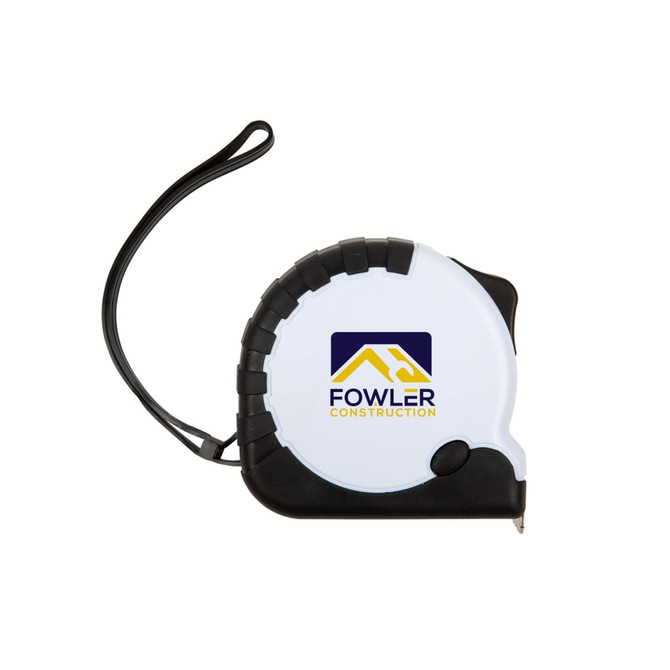 A white and black Exocet 5m retracting tape measure with a logo. It features a textured grip and a wrist strap.