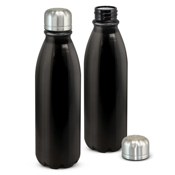 A drink bottle in black with a silver, rounded cap, featuring a logo on the body.