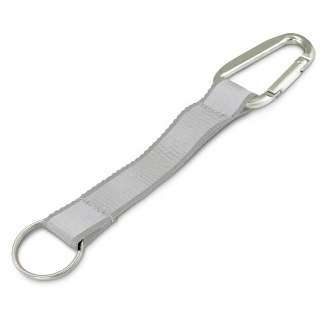 A silver reflector key ring with a carabiner clip and a loop for attaching keys.