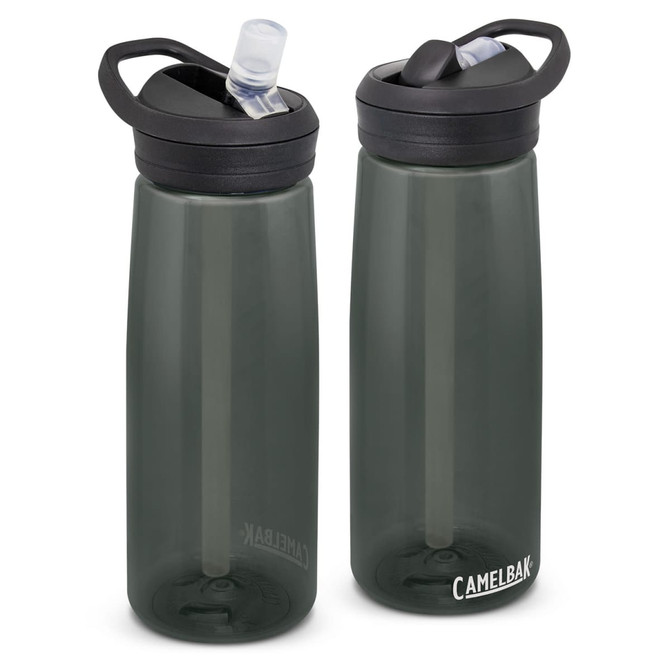 A drink bottle with a grey body and black lid, featuring a built-in straw and a logo.