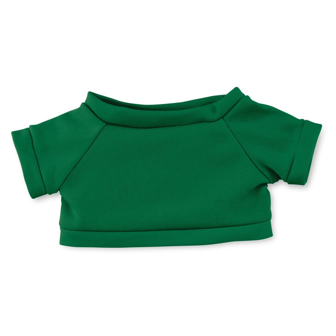 A green plush toy outfit with short sleeves and a rounded neckline, featuring a logo.