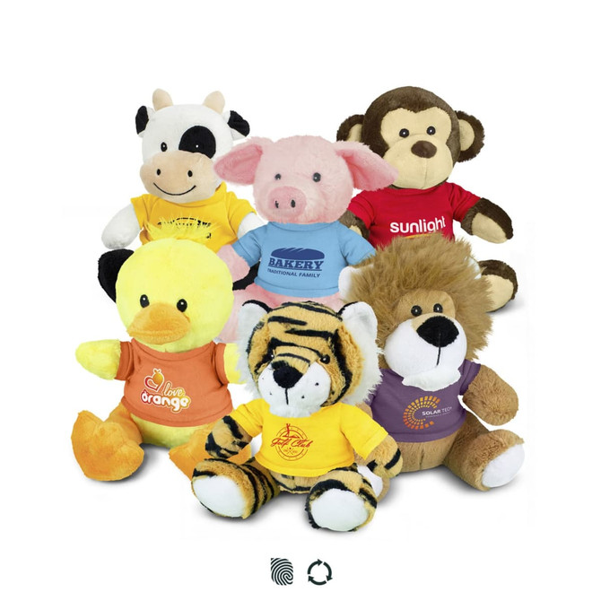 Assorted plush toys featuring a cow, pig, monkey, duck, tiger, and lion, each wearing colourful shirts.