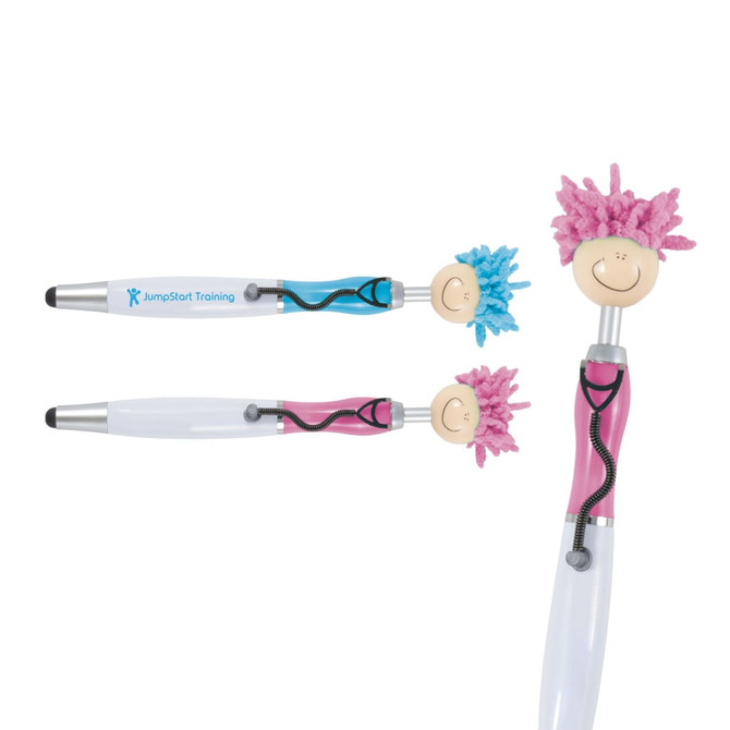 Medical Mop Top Pens in pink and blue, featuring a playful character head and a stylus tip, with a logo on one.