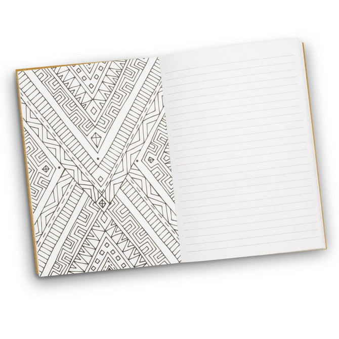 An open notebook featuring a geometric patterned design on the left page and lined pages on the right.