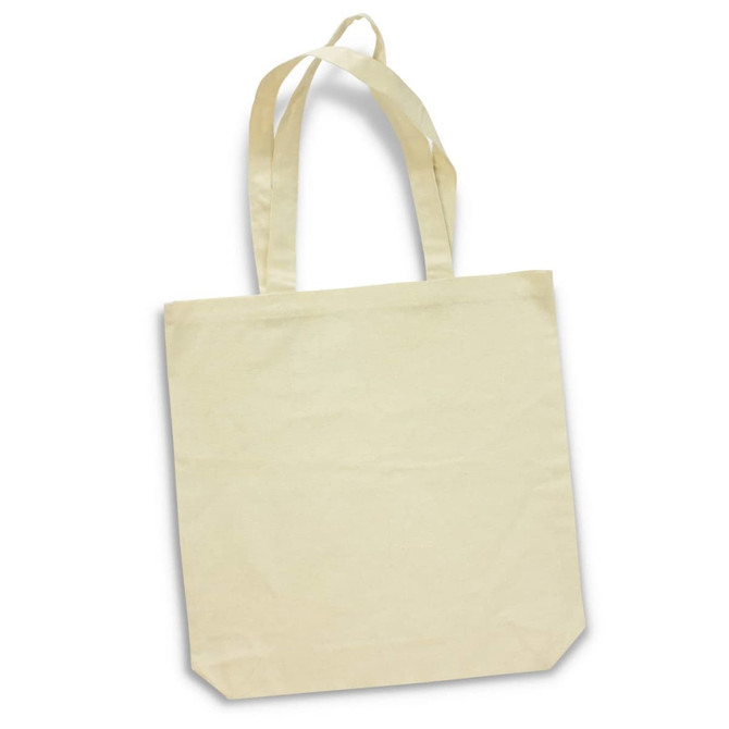 A beige cotton tote bag with two shoulder straps and an unembellished surface, featuring a simple shape.