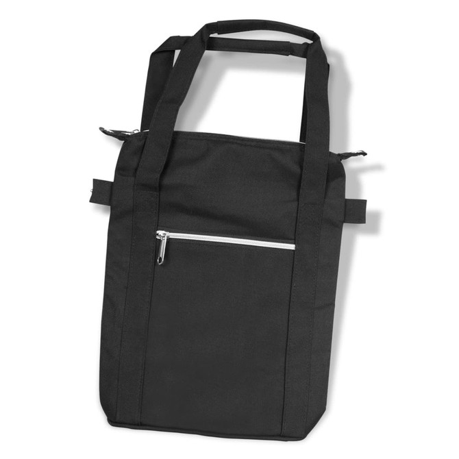A black cooler bag with two sturdy handles and a front zip pocket. It features a logo on the side.