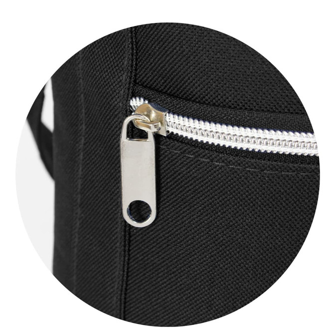 A black cooler bag featuring a silver zip and zip pull. It has a durable fabric texture and includes a logo.