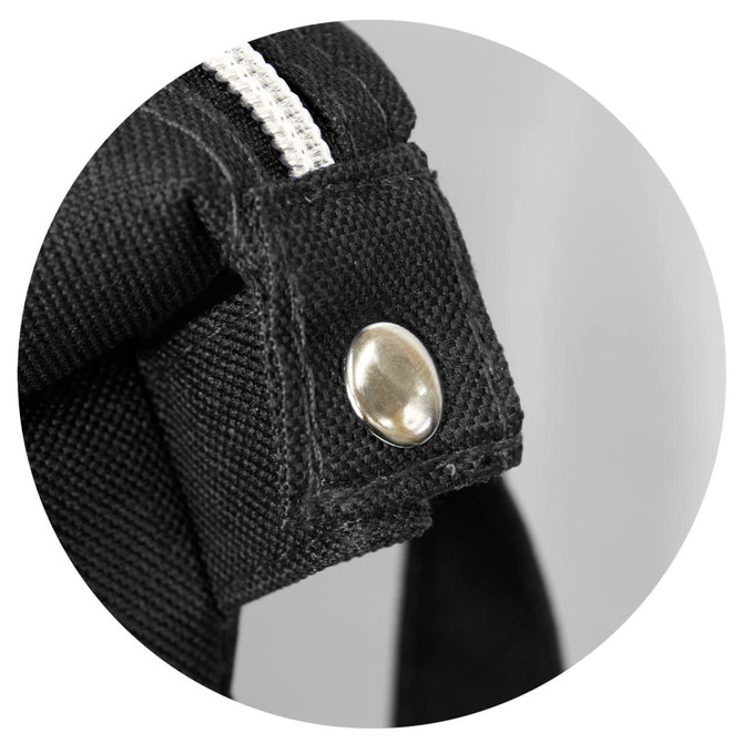 A close-up of a black cooler bag strap with a metal snap and white piping detail. The bag features a logo.